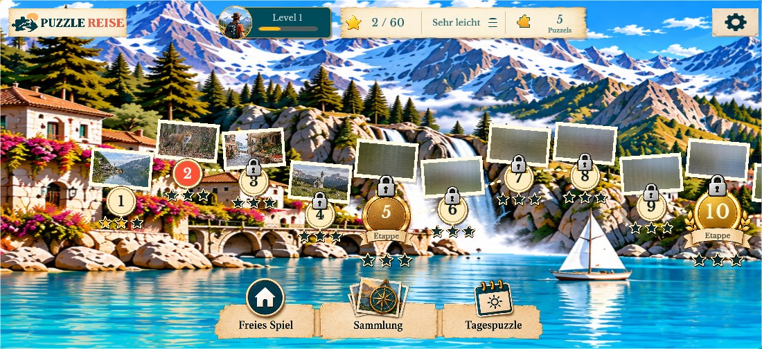 Puzzle Reise: eine Alpenlandschaft mit der Kampagnenkarte des Spiels